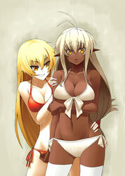  2girls antenna_hair ashikaga_chachamaru bare_shoulders bikini blonde_hair breast_hold breasts cleavage commentary_request dark-skinned_female dark_elf dark_skin elf grey_hair grin highres interracial koyama_keisuke long_hair medium_breasts multiple_girls navel open_mouth pointy_ears red_bikini sansei_muramasa side-tie_bikini_bottom smile soukou_akki_muramasa swimsuit thighhighs very_dark_skin very_long_hair white_bikini white_thighhighs yellow_eyes yuri 