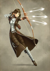  aiming armor arrow_(projectile) bow_(weapon) breasts brown_eyes brown_hair commentary drawing_bow english_commentary female fingerless_gloves firing gloves greaves guild_wars_(series) guild_wars_1 headband holding holding_arrow holding_bow_(weapon) holding_weapon long_coat medium_breasts outstretched_arm pants photoshop_(medium) player_character_(guild_wars_1) polarityplus solo vambraces weapon 