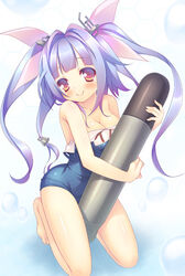  blue_hair breasts cleavage clothes_pull commentary_request female hitoguchi_(hioxhio) holding holding_torpedo i-19_(kancolle) kantai_collection long_hair medium_breasts one-piece_swimsuit one-piece_swimsuit_pull photoshop_(medium) red_eyes school_swimsuit swimsuit torpedo twintails 