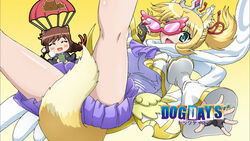  2girls adelaide_grand_marnier adelaide_grand_marnier_(cosplay) animal_ears anime_screenshot blonde_hair braid breasts brioche_d&#039;arquien brown_hair closed_eyes cosplay dog_days fingerless_gloves fox_ears fox_tail glasses gloves green_eyes hair_ribbon highres jacket japanese_clothes large_breasts multiple_girls open_mouth ribbon smile tail tiara yukikaze_panettone 