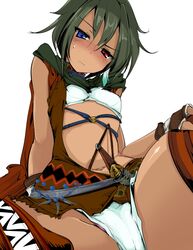  blue_eyes blush commentary_request deed_(lord_of_vermilion_iii) facial_mark feathers female fingerless_gloves gloves green_hair heterochromia lord_of_vermilion lord_of_vermilion_iii momio navel panties petite red_eyes short_hair solo spread_legs underwear 