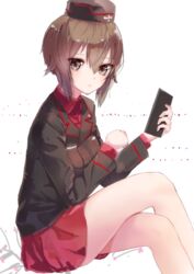  bad_id bad_pixiv_id brown_eyes brown_hair cellphone closed_mouth crossed_legs female garrison_cap girls_und_panzer haikeiyu hair_between_eyes hat holding holding_phone kuromorimine_military_uniform looking_at_viewer military military_uniform nishizumi_maho phone red_skirt short_hair simple_background sitting skirt smartphone solo uniform white_background 