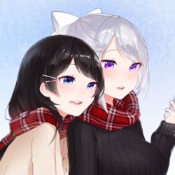  13o 2girls bad_id bad_pixiv_id black_hair black_sweater blue_eyes bow breasts brown_coat cellphone coat commentary_request hair_ornament hairbow hairclip hand_up highres higuchi_kaede holding holding_phone large_breasts long_sleeves looking_away mole mole_under_eye multiple_girls nijisanji parted_lips phone plaid plaid_scarf ponytail purple_eyes red_scarf ribbed_sweater scarf sleeves_past_wrists sweater teeth tsukino_mito tsukino_mito_(6th_costume) upper_body upper_teeth_only virtual_youtuber white_bow white_hair 