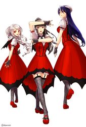  3girls \m/ aken albedo_(overlord) black_eyes black_hair blue_hair bridal_garter commentary_request cosplay demon_girl fangs fingerless_gloves garter_straps gloves grey_hair hara_yumi highres horns idolmaster korean_commentary long_hair long_legs looking_at_viewer multiple_girls my_dear_vampire_(idolmaster) narberal_gamma numakura_manami overlord_(maruyama) ponytail red_eyes shalltear_bloodfallen smile spider_web_print thighhighs uesaka_sumire voice_actor_connection white_background yellow_eyes 