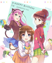  3girls :&lt; :3 :d animal_ears animal_hands bad_id bad_pixiv_id birthday black_hair black_legwear blazer blue_eyes blue_flower blue_ribbon blue_skirt blush bouquet bow bowtie braid brown_hair brown_jacket buttons candy cat_ears cat_tail character_name closed_mouth collared_shirt copyright_name ekita_kuro eyebrows fake_animal_ears flower food freckles frown gloves green_eyes green_hair green_skirt hair_between_eyes hair_bun hair_over_shoulder hair_ribbon hairband hand_on_own_arm happy_birthday hashimoto_nyaa highres holding holding_bouquet holding_flower holding_food holding_own_arm jacket jumping jyushimatsu&#039;s_girlfriend kneehighs leaning_forward lollipop long_hair long_sleeves looking_at_viewer low_twintails miniskirt multicolored_hair multiple_girls open_mouth orange_skirt osomatsu-kun osomatsu-san osomatsu_(series) outstretched_arm paw_gloves pink_hair pink_ribbon plaid plaid_skirt pleated_skirt polka_dot ribbon school_uniform shirt short_twintails silhouette single_braid single_hair_bun skirt smile socks standing streaked_hair tail triangle turtleneck twintails twitter_username white_background white_shirt yellow_bow yellow_bowtie yellow_eyes yellow_flower yowai_totoko 