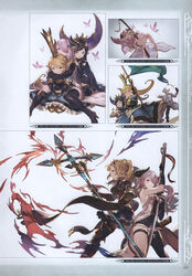  1boy 4girls absurdres armor armored_boots armored_dress arulumaya belt between_breasts black_hair blonde_hair blue_eyes boots braid breastplate breasts brown_eyes bug butterfly charlotta_(granblue_fantasy) crescent crown draph dress fire food frilled_dress frills full_body gauntlets gloves granblue_fantasy hair_ornament harvin hat highres holding holding_sword holding_weapon horns katana large_breasts long_hair looking_at_viewer lying medium_breasts minaba_hideo mole mole_under_eye multiple_girls narmaya_(granblue_fantasy) non-web_source official_art on_back open_mouth photoshop_(medium) pink_hair pointy_ears polearm puffy_sleeves scan sitting spear sword tall_crown thighhighs twin_braids twintails weapon zeta_(granblue_fantasy) 