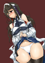  angela_(lord_of_vermilion_iii) black_hair blue_eyes blush clothes_lift commentary_request detached_sleeves dutch_angle female hairband heterochromia highres long_hair lord_of_vermilion lord_of_vermilion_iii mole momio navel panties red_eyes skirt skirt_lift solo thick_thighs thigh_gap thighhighs thighs underwear wide_hips 