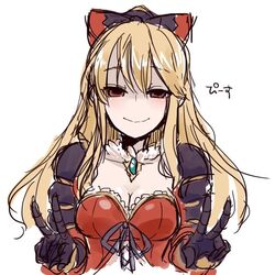  bad_id bad_twitter_id black_bow blonde_hair blush bow breasts cleavage collarbone double_v dress empty_eyes female granblue_fantasy hairbow long_hair looking_at_viewer medium_breasts purple_ribbon red_dress red_eyes ribbon sherad shoulder_pads simple_background smile solo upper_body v vira_(granblue_fantasy) white_background 