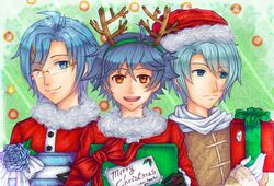  3boys ahoge animal_ears blue_eyes blue_hair blush christmas commentary corrupted_metadata deer_ears english_commentary gift glasses hair_ornament hairclip hat hatoful_kareshi highres holding kawara_ryouta looking_at_viewer male_focus multiple_boys narufan808 open_mouth orange_eyes personification sakazaki_yuuya sakuya_le_bel_shirogane santa_costume santa_hat sidelocks smile sweatdrop swept_bangs 