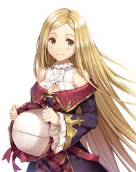  bare_shoulders blonde_hair breasts brown_eyes cleavage cleavage_cutout clothing_cutout commentary_request diola_(granblue_fantasy) female frills granblue_fantasy hat holding holding_clothes holding_hat kurage_(kurakurapix) long_hair looking_to_the_side medium_breasts parted_bangs smile solo unworn_hat unworn_headwear very_long_hair 