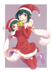  ;d brown_eyes chibi commentary_request dual_persona female gift gloves green_hair hat idolmaster idolmaster_(classic) md5_mismatch mole mole_under_mouth one_eye_closed open_mouth otonashi_kotori piyopiyo puchimasu! red_gloves santa_costume santa_hat scarf smile t-okada 