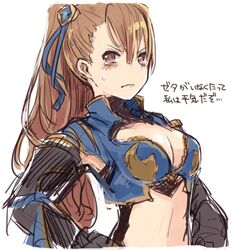  armor bad_id bad_twitter_id beatrix_(granblue_fantasy) bikini_armor blush breasts brown_eyes brown_hair cleavage commentary_request female frown granblue_fantasy hair_ornament highres long_hair looking_at_viewer medium_breasts midriff sherad simple_background solo tears translation_request white_background 