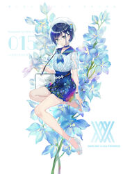  alternate_costume artist_name blue_choker blue_hair blue_nails blue_neckerchief blue_sailor_collar blue_skirt bracelet character_name choker commentary_request copyright_name darling_in_the_franxx ekita_kuro female fingernails flower green_eyes hat high-waist_skirt highres ichigo_(darling_in_the_franxx) jewelry larkspur_(flower) looking_at_viewer nail_polish neckerchief platform_footwear sailor_collar short_hair skirt solo white_background 