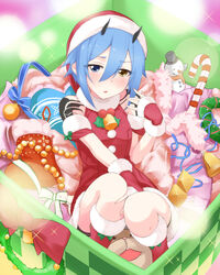  :o bell blue_hair blush boots box candy candy_cane christmas dress female fingerless_gloves food fur_trim gift gloves heterochromia highres holly horns in_box in_container io_(pso2) kiyu_rei looking_at_viewer parted_lips phantasy_star phantasy_star_online_2 pom_pom_(clothes) red_dress red_gloves santa_costume short_hair sitting snowman solo wreath 