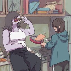  1:1 2018 87wa_(artist) anthro appliance claws clothed clothing cooking deltarune digital_media_(artwork) duo egg female food fridge hair hair_over_eyes hoodie human kitchen_appliance kitchen_spatula kitchen_utensils kris_(deltarune) male mammal reptile scalie shirt spatula stove susie_(deltarune) tank_top teeth tools topwear undertale_(series) 