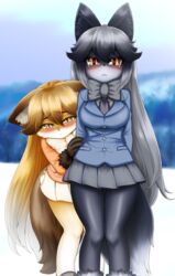  2girls black_pantyhose blush brown_eyes brown_hair cowering ezo_red_fox_(kemono_friends) fox_tail furrification furry furry_female gloves gradient_hair kemono_friends long_hair looking_at_viewer multicolored_hair multiple_girls nenbuta pantyhose pleated_skirt silver_fox_(kemono_friends) skirt tail very_long_hair 