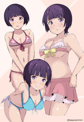  bangs banned_artist bikini bikini_skirt blunt_bangs blush breasts cleavage cosplay eromanga_sensei hanging_breasts izumi_sagiri izumi_sagiri_(cosplay) medium_breasts multiple_views purple_eyes purple_hair senju_muramasa short_hair skirt striped striped_bikini swimsuit tasora twitter_username underboob yamada_elf yamada_elf_(cosplay) 