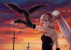  animal_on_arm arm_at_side bare_shoulders bird bird_on_arm black_gloves breasts commentary_request crow elf elu_(nijisanji) female fingerless_gloves flower gloves hair_flower hair_ornament hairband long_hair looking_at_animal medium_breasts nijisanji nuwon outdoors pointy_ears ponytail power_lines red_eyes standing transparent_wings twilight virtual_youtuber white_hair wings 