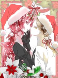  2others androgynous brown_hair christmas colored_eyelashes colored_skin commentary_request crystal_hair easty face-to-face gem_uniform_(houseki_no_kuni) gloves hair_ribbon hat houseki_no_kuni lab_coat long_hair looking_at_viewer mistletoe multiple_others necktie other_focus padparadscha_(houseki_no_kuni) ponytail red_eyes red_hair ribbon rutile_(houseki_no_kuni) santa_hat short_hair upper_body white_skin yellow_eyes 