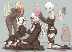  1boy 2b_(nier:automata) 3girls 9s_(nier:automata) a2_(nier:automata) black_blindfold black_dress black_footwear black_hairband blindfold blonde_hair blush boots bow cellphone character_name commentary_request covered_eyes crossdressing dress elbow_gloves embarrassed feather-trimmed_sleeves forced_dressing gloves hairband hairbow highleg highleg_leotard highres juliet_sleeves leotard long_hair long_sleeves machine_(nier) mole mole_under_mouth multiple_girls nier:automata nier_(series) nose_blush operator_21o phone pink_bow pod_(nier:automata) puffy_sleeves senryoko short_dress short_hair smartphone smile thigh_boots thighhighs thighhighs_under_boots translated white_hair 