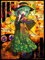  alternate_costume blush character_name commentary_request corded_phone diamond_(gemstone) egasumi eyeball eyebrows female floral_background floral_print frilled_sleeves frills glowing glowing_eyes gradient_background green_eyes green_hair green_hakama green_skirt hakama hakama_skirt hand_up hat hat_ribbon heart heart_of_string highres japanese_clothes kimono komeiji_koishi long_hair long_skirt long_sleeves looking_at_viewer meiji_schoolgirl_uniform nomayo obi open_hand open_mouth petals phone pigeon-toed print_hakama pun ribbon sash see-through skirt solo talking_on_phone third_eye touhou yagasuri yellow_background 