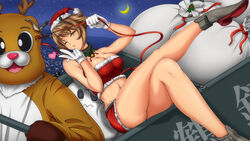  animal_costume blowing_kiss bol_(liliymimi) breasts brown_hair cleavage commentary_request crescent_moon crossed_legs female gloves hat headgear heart kantai_collection large_breasts midriff miniskirt moon mutsu_(kancolle) one_eye_closed reindeer_costume sack santa_costume santa_hat short_hair sitting skirt solo white_gloves yellow_eyes 