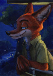  2018 4_fingers aerial_lift anthro black_nose cable_transport canid canine clothed clothing disney fingers forest fox fur gondola_lift green_eyes half-closed_eyes hi_res intimate jungle kenket male mammal narrowed_eyes necktie nick_wilde night orange_body orange_fur outside painting_(artwork) plant public_transportation red_body red_fox red_fur shirt smile solo standing text topwear traditional_media_(artwork) tree true_fox url white_body white_fur zootopia 