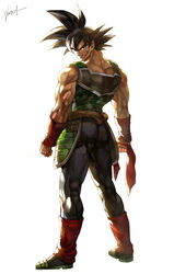  1boy armor backlighting bad_id bad_pixiv_id bardock black_eyes black_hair dragon_ball dragon_ball_z from_behind kim_yura_(goddess_mechanic) legband male_focus photoshop_(medium) saiyan_armor scar scar_on_cheek scar_on_face signature solo spiked_hair unworn_bandana wristband 