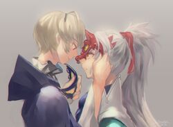  2boys blonde_hair commentary_request fire_emblem fire_emblem_fates grey_background grey_hair hood hoodie leo_(fire_emblem_fates) long_hair male_focus mask multiple_boys oni_mask orange_eyes ponytail red_eyes simple_background takumi_(fire_emblem) teeth tokino_hitonatsu unworn_mask yaoi 