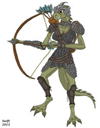  anthro archer armor arrow_(weapon) bow_(weapon) bracers breasts cheren cleavage clothed clothing female flash_gordon flash_gordon_(copyright) headgear helmet hi_res holding_object holding_weapon lizard lizard_woman_(the_new_adventures_of_flash_gordon) non-mammal_breasts quiver_(object) ranged_weapon reptile scale_armor scalie scar shirt solo straps swift_(artist) the_new_adventures_of_flash_gordon topwear tunic weapon 