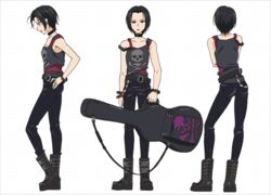  contrapposto female golden_time guitar_case hasegawa_shin&#039;ya instrument_case nana-senpai_(golden_time) official_art profile reference_sheet simple_background skull skull_and_crossbones standing white_background 