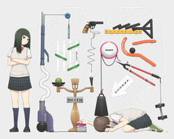  2girls balance_beam black_hair blue_eyes brown_hair commentary_request crossed_arms dogeza dumbbell english_text engrish_text gun handgun heart kneehighs loafers long_hair md5_mismatch multiple_girls original ranguage revolver rube_goldberg_machine shoes short_hair skirt socks sweater_vest typo vacuum_cleaner weapon white_legwear yajirushi_(chanoma) 