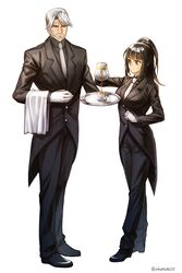  1boy aken beard black_eyes black_hair black_shirt butler commentary cosplay crossed_legs cup facial_hair female female_butler formal full_body gloves highres long_hair narberal_gamma necktie overlord_(maruyama) ponytail pouring sebas_tian sebas_tian_(cosplay) shirt silver_hair standing suit tailcoat tea teacup towel tray watson_cross white_gloves 