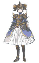  armor armored_dress bad_id bad_twitter_id black_armor blonde_hair brown_eyes dark_fencer_(granblue_fantasy) djeeta_(granblue_fantasy) dress expressionless fake_horns female full_body granblue_fantasy helmet horned_helmet horns sherad short_hair simple_background solo spikes standing white_background 