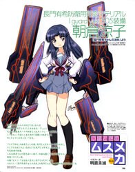  absurdres akitaka_mika asakura_ryouko backpack bag black_socks blue_eyes blue_hair blue_sailor_collar blue_skirt blush female hands_on_own_hips head_tilt highres kita_high_school_uniform kneehighs loafers long_sleeves machinery nagato_yuki-chan_no_shoushitsu sailor_collar school_uniform serafuku shirt shoes simple_background skirt socks solo suzumiya_haruhi_no_shoushitsu suzumiya_haruhi_no_yuuutsu sword translation_request weapon white_background white_shirt winter_uniform 