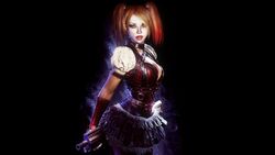  3d artist_request batman:_arkham_knight batman_(series) belt black_background breasts brown_hair candy cleavage cleavage_cutout clothing_cutout collar corset cowboy_shot dc_comics eyeliner facepaint female food grey_eyes gun harley_quinn highres holding holding_weapon lace lace-trimmed_skirt lace_trim layered_skirt lips lipstick lollipop looking_at_viewer makeup medium_breasts mouth_hold multicolored_hair o-ring o-ring_top official_art official_wallpaper open_mouth pantyhose parted_lips puffy_short_sleeves puffy_sleeves realistic red_hair red_lips rifle short_hair short_sleeves short_twintails simple_background skirt solo studded_belt twintails two-tone_hair weapon weapon_request wristband 