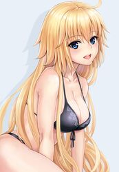  :d ahoge bare_arms bare_shoulders bikini black_bikini blonde_hair blue_eyes breasts cleavage commentary_request fate/apocrypha fate_(series) female front-tie_bikini_top front-tie_top grey_background hair_between_eyes halterneck highres jeanne_d&#039;arc_(fate) jeanne_d&#039;arc_(ruler)_(fate) large_breasts long_hair looking_at_viewer open_mouth revision shadow shinno simple_background smile solo swimsuit very_long_hair 