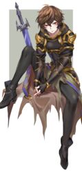  1boy armor boots brown_hair commentary_request fingerless_gloves gloves granblue_fantasy highres hood hood_down male_focus pantyhose red_eyes sandalphon_(granblue_fantasy) sitting solo sword tekki_(tki) weapon 