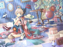  1boy apple armchair bad_id bad_pixiv_id black_gloves blonde_hair blue_eyes blurry bottle bow box bra buckle bug butterfly cage chair checkered_floor cosmetics depth_of_field floral_print food framed_insect fruit gloves hat hat_bow hat_box hat_ribbon head_rest high_heels insect_cage jewelry kagamine_len knee_up kneehighs light_frown lipstick_tube looking_at_viewer makeup male_focus mirror mokona1107 nail_polish_bottle necklace on_floor pearl_necklace perfume_bottle picture_frame pink_bra plant reflective_floor ribbon shoe_box sitting socks solo sun_hat table treasure_chest underwear unworn_bra unworn_hat unworn_headwear unworn_jewelry unworn_necklace vocaloid 