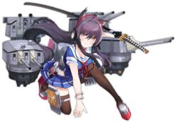  animal_ears arm_support ashigara_(azur_lane) azur_lane bangle black_gloves blue_shirt blue_skirt blush bracelet breasts brown_thighhighs cable choker closed_mouth collarbone crop_top female floating_hair frown full_body gloves headphones holding holding_sword holding_weapon jewelry katana large_breasts long_hair looking_at_viewer machinery midriff miniskirt navel official_art on_one_knee open_mouth purple_hair red_choker red_eyes rigging rudder_footwear sailor_collar school_uniform serafuku sheath sheathed shirt short_sleeves sidelocks skirt smile solo sword tetsujin_momoko thighhighs torpedo_tubes transparent_background turret v-shaped_eyebrows very_long_hair weapon white_sailor_collar zettai_ryouiki 