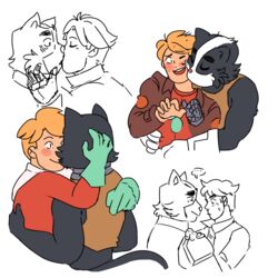  1:1 2018 27pepperoni anthro avocato better_version_at_source clothing duo felid feline final_space fur gary_goodspeed hi_res human interspecies kissing male male/male mammal ventrexian 