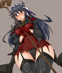  angela_(lord_of_vermilion_iii) armor black_hair blue_eyes blush braid commentary_request dutch_angle female from_below garter_straps gloves long_hair lord_of_vermilion lord_of_vermilion_iii mole momio panties red_eyes solo staff thighhighs underwear wide_hips 