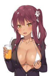  alternate_costume bad_id bad_pixiv_id bikini blush breasts canape_(canape0130) cleavage clothes_tug commentary cup dark-skinned_female dark_skin drinking_straw female flower girls&#039;_frontline hair_between_eyes hair_flower hair_ornament hair_ribbon holding holding_cup juice large_breasts long_hair looking_at_viewer one_side_up open_mouth purple_hair rash_guard ribbon saiga-12_(girls&#039;_frontline) smile solo swimsuit tress_ribbon white_bikini yellow_eyes zipper 