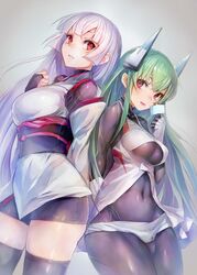  2girls arm_behind_back black_legwear blunt_bangs bodysuit breasts bridal_gauntlets commentary_request covered_navel cowboy_shot detached_sleeves food green_hair grey_background headgear highres huge_breasts jpeg_artifacts long_hair medium_breasts menou_kaname_(taishi) multiple_girls original popsicle purple_eyes purple_hair red_eyes short_shorts shorts taishi_(picchiridou) thighhighs tsuru-chan very_long_hair 