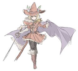  arcana_dueler_(granblue_fantasy) bad_id bad_twitter_id belt black_pantyhose blonde_hair boots brown_eyes brown_footwear cape djeeta_(granblue_fantasy) female full_body granblue_fantasy hat hat_feather miniskirt pantyhose red_skirt sherad short_hair simple_background skirt solo sword weapon white_background 