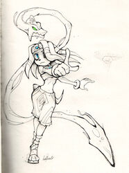  anthro auroblaze better_version_at_source blue_eyes breasts chaos_(sonic) clothing crossover echidna female footwear gesture green_eyes hand_gesture hi_res leviathan_(skullgirls) mammal midriff monotreme parody pointing sandals sega skullgirls solo sonic_adventure sonic_the_hedgehog_(series) squigly tikal_the_echidna 