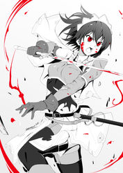  armor bad_id bad_pixiv_id battle belt blood blood_on_face capelet cecily_cambell chains detached_sleeves female fighting_stance gloves gradient_background greyscale hair_between_eyes headdress highres holding holding_weapon leg_lift monochrome open_mouth pauldrons red_eyes seiken_no_blacksmith sheath short_hair shoulder_armor shoulder_pads skirt solo spot_color stormcow sword thighhighs torn_clothes turtleneck weapon 