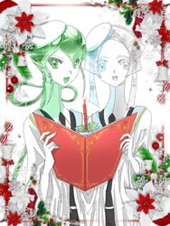  2others androgynous blue_eyes blue_hair book candle christmas colored_eyelashes commentary_request crystal_hair easty euclase_(houseki_no_kuni) eyes_visible_through_hair gem_uniform_(houseki_no_kuni) green_eyes green_hair grey_eyes hat heterochromia houseki_no_kuni jade_(houseki_no_kuni) long_hair looking_at_viewer multicolored_hair multiple_others necktie open_mouth other_focus robe short_hair smile thick_eyebrows two-tone_hair upper_body white_eyes white_hair 