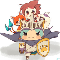  1boy amano_keita armor blue_fire brown_hair cape chiyoko_(oman1229) commentary_request feline fire flame-tipped_tail ghost helmet jibanyan knight looking_at_viewer multiple_tails notched_ear nyankishi open_mouth paw_print purple_lips red_shirt shield shirt short_hair sweat sword tail two_tails weapon whisper_(youkai_watch) white_background youkai_(youkai_watch) youkai_watch youkai_watch_busters 