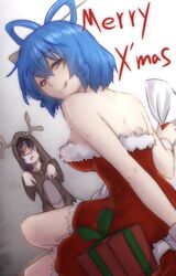  2girls :q animal_costume bare_shoulders blue_eyes blue_hair breasts commentary_request dress gift hair_ornament hair_rings hair_stick highres kaku_seiga medium_breasts merry_christmas miyako_yoshika multiple_girls ofuda reindeer_costume sack santa_costume short_hair terimayo tongue tongue_out touhou 